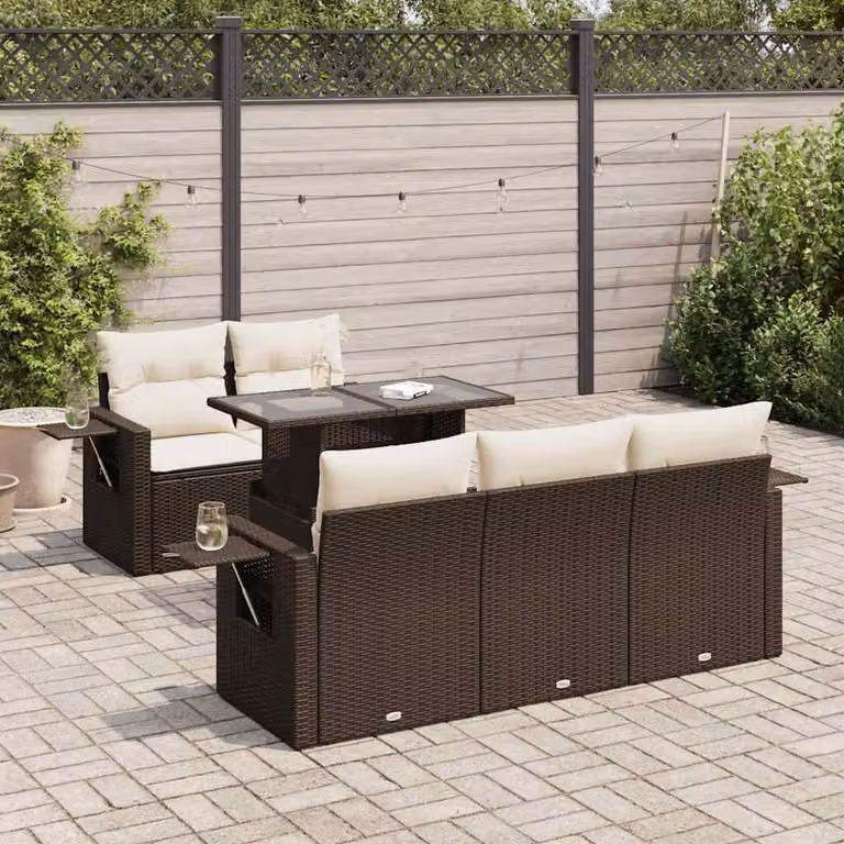 Set Divano da Giardino vidaXL 6 pz a Forma a L con Cuscini Marrone e Bianco in Polyrattan e Metallo