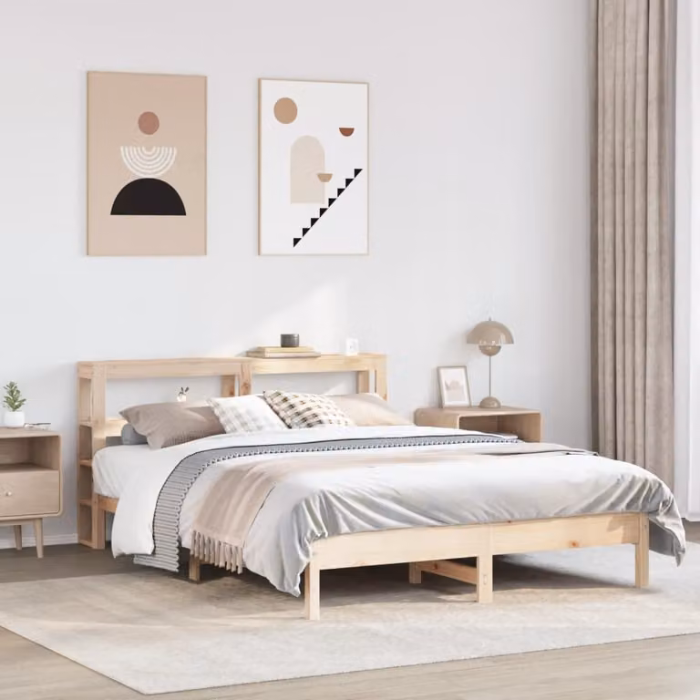 Letto vidaXL in legno massello di pino marrone con ripiani laterali L: 140 cm, P: 190 cm