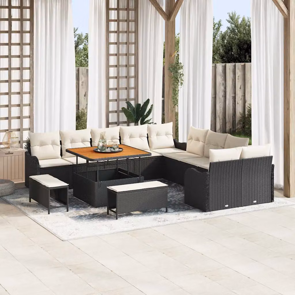 Set Divano da Giardino vidaXL 13 Pezzi a Forma di U con Cuscini Nero e Beige – 1
