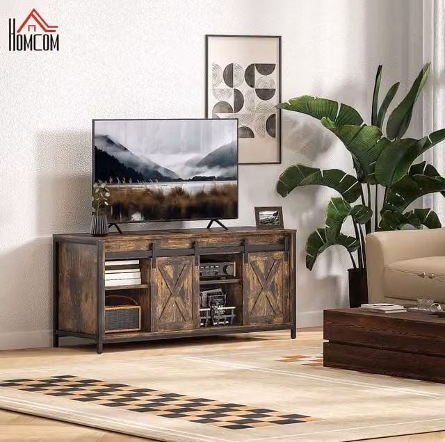 Mobile TV da 120x40x54 cm per TV fino a 60" con struttura in legno e metallo color marrone