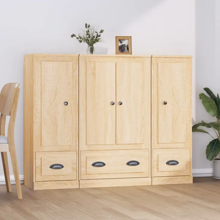 Set di 3 credenze vidaXL in legno multistrato color rovere sonoma, stile minimalista, L: 103,5 cm, P: 35,5 cm, H: 35,5 cm