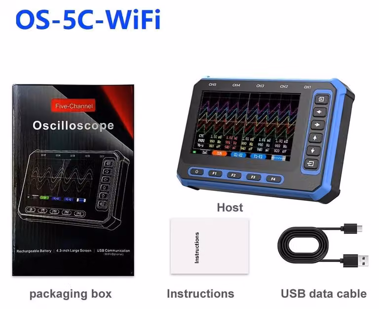 Oscilloscopio digitale - OS-5C-WiFi - 5 canali - Wi-Fi 2,4/5 GHz - Larghezza di banda di 1 MHz - Display IPS da 10,9 cm - Batteria rimovibile da 2000 mAh