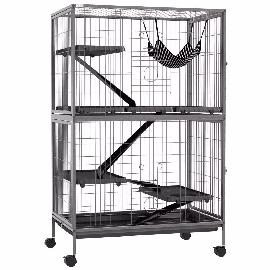 Gabbia per piccoli animali OKWISH a 4 livelli in metallo grigio con 4 porte, 4 ruote e fondo estraibile – 2