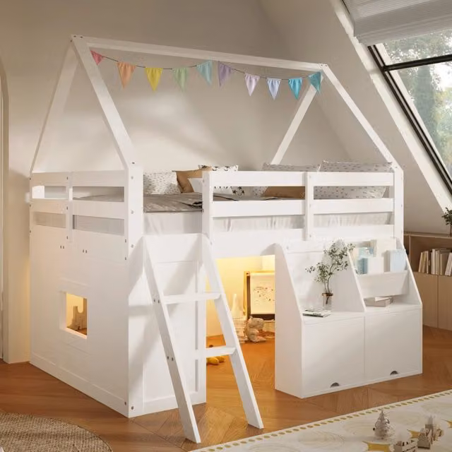 Letto a soppalco MIVRAY per bambini in legno e MDF bianco con scala LED, contenitori e tasche in tessuto, L/P/H: 200 x 140 x 205 cm