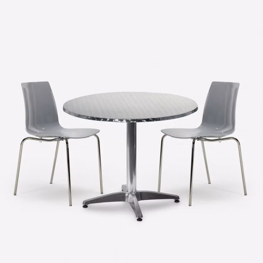 Set da giardino con 2 sedie moderne e tavolo rotondo da 70 cm in acciaio Remos - grigio