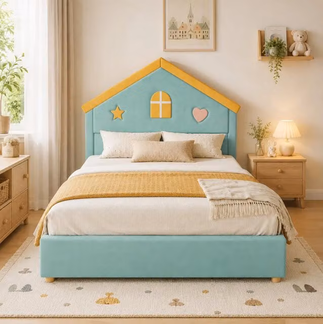 Letto per bambini 140x200 cm a forma di casa imbottito in velluto blu-verde con 4 cassetti contenitori