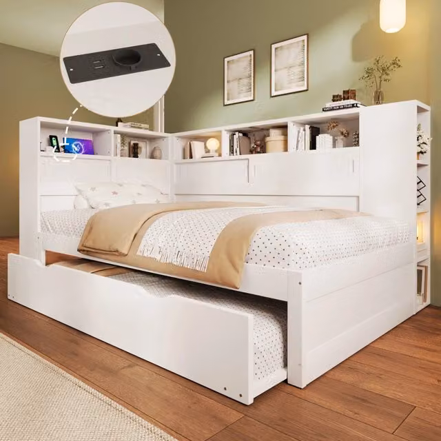 Letto singolo bianco 90x200 cm per bambini con letto estraibile e contenitore
