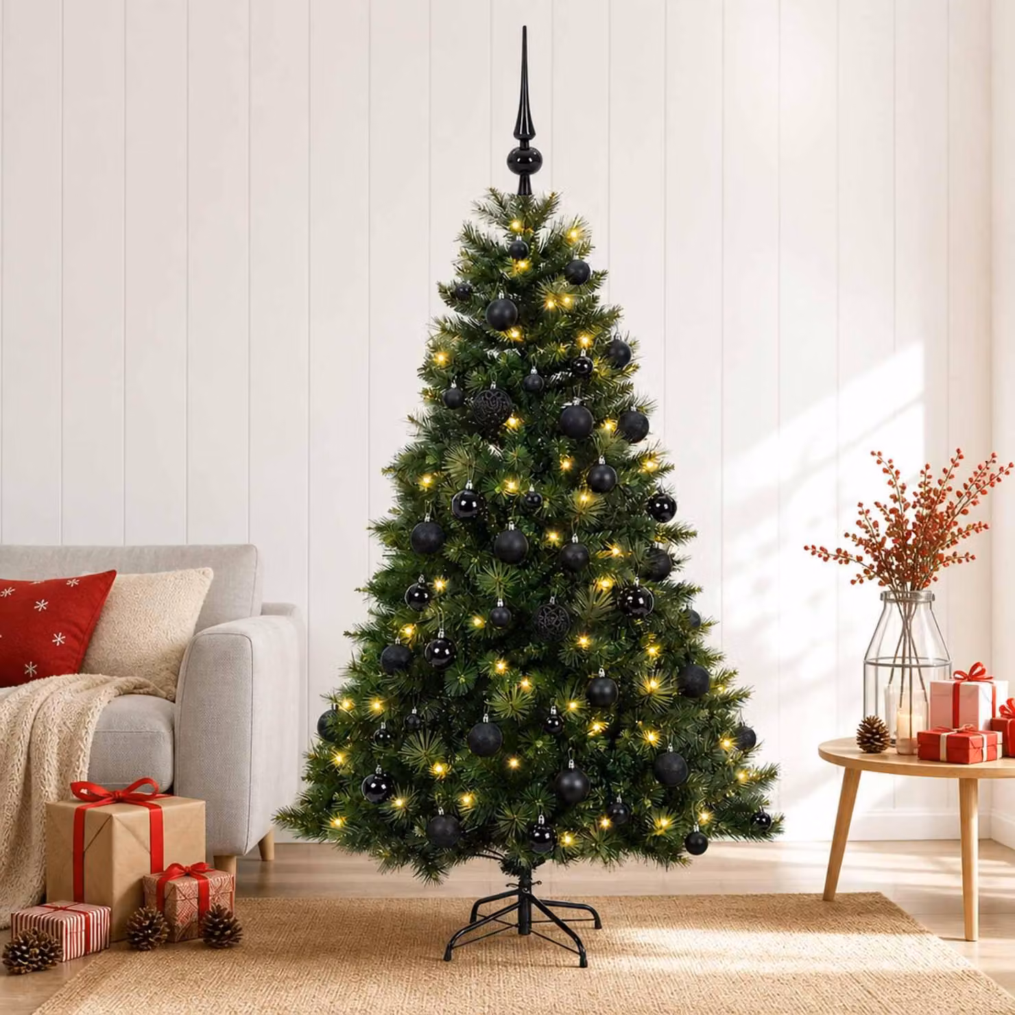 Albero di Natale artificiale con decorazioni natalizie, altezza 150 cm, 150 luci LED