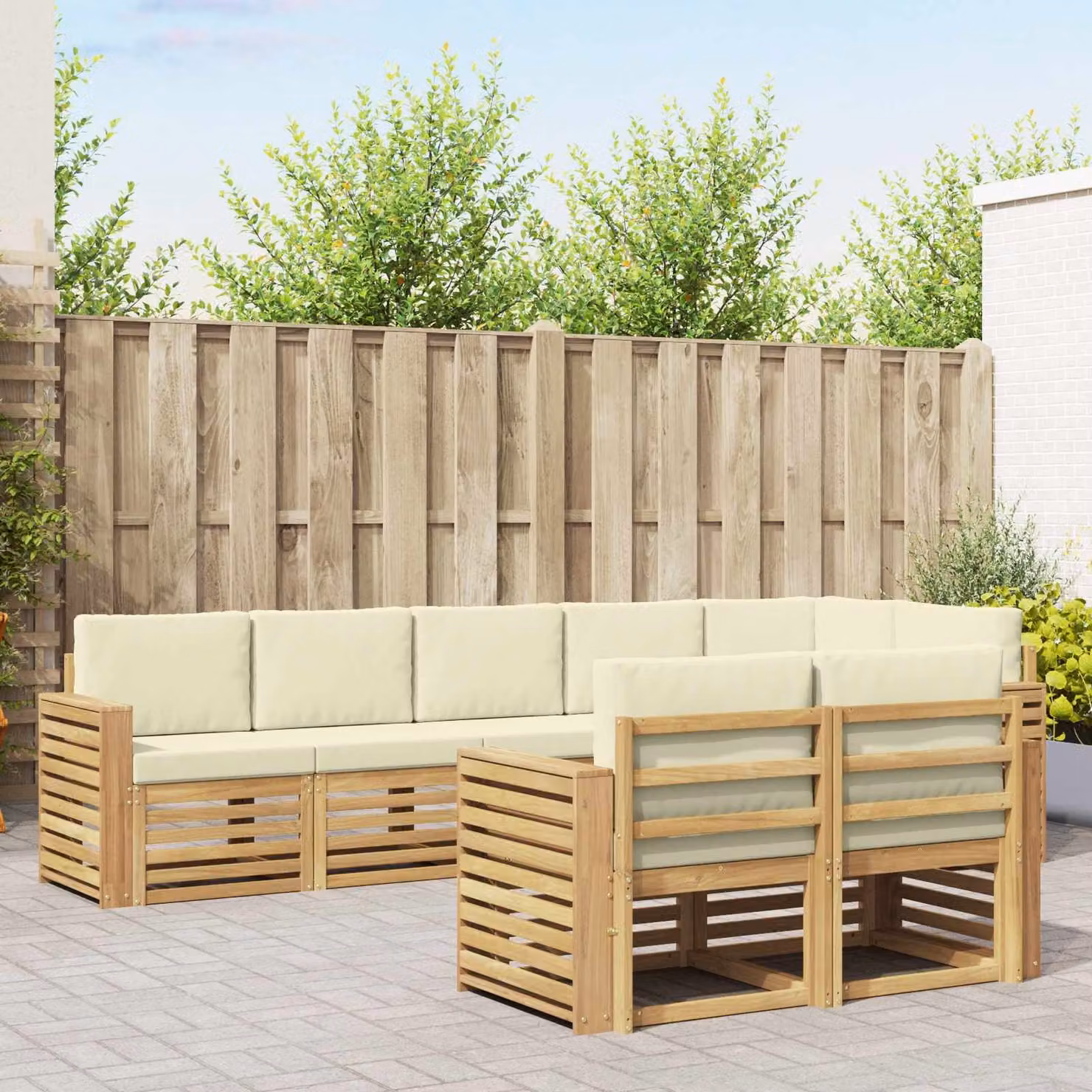 Set di divani da esterno vidaXL a forma di L composto da 8 pezzi in legno di acacia con cuscini, colore bianco e beige