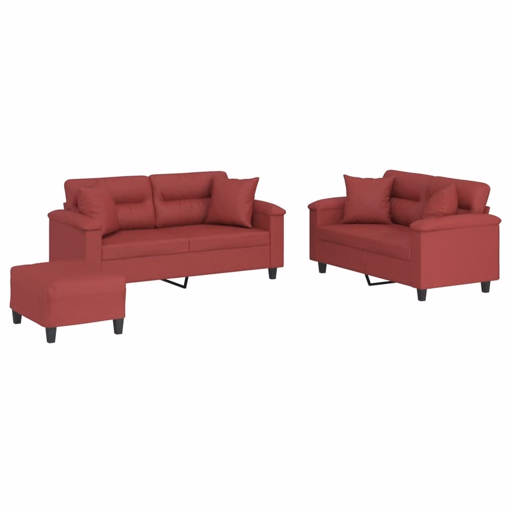 Set di Divani 3 pz con Cuscini Rosso Vino in Pelle finta