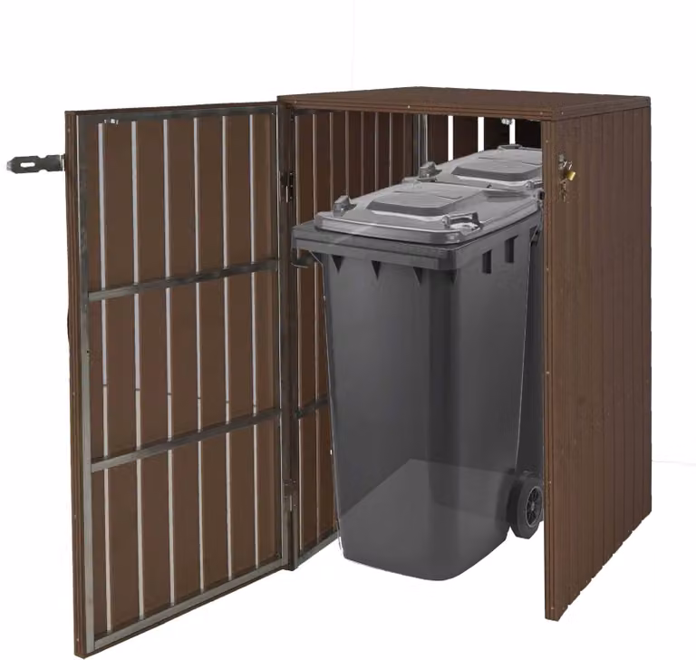 XL 1/2 WPC copertura del cestino HWC-J28, contenitore per rifiuti, aspetto legno metallo, espandibile ~ marrone