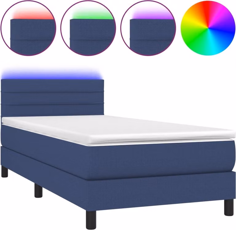 Letto a Molle con Materasso e LED Blu 90x200 cm in Tessuto