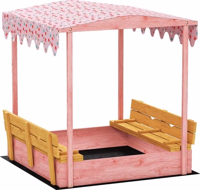 AIYAPLAY Sabbiera per Bambini in Legno di Abete con Tettuccio e Sedute Pieghevoli, Design Fenicotteri, Rosa, L: 134.5 cm, P: 127.5 cm, H: 130 cm – 1