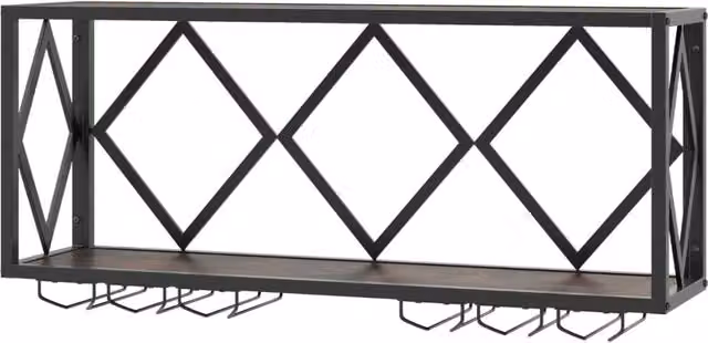 Portabottiglie da parete in metallo con striscia LED a 16 colori e 6 portabicchieri, mensola espositiva in stile industriale Marrone e Nero opaco