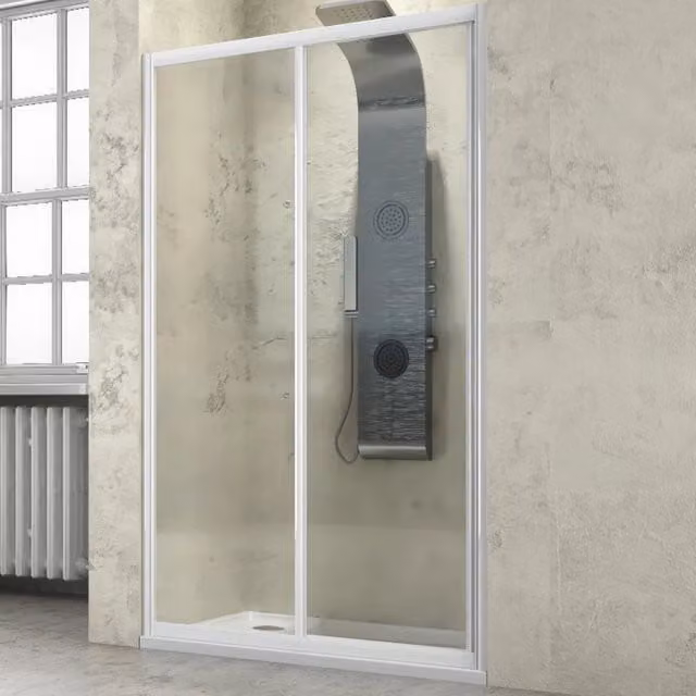 Porta doccia scorrevole a due ante OGOMONDO in vetro temperato trasparente con profili bianchi, H: 185 cm, L: 117-121 cm