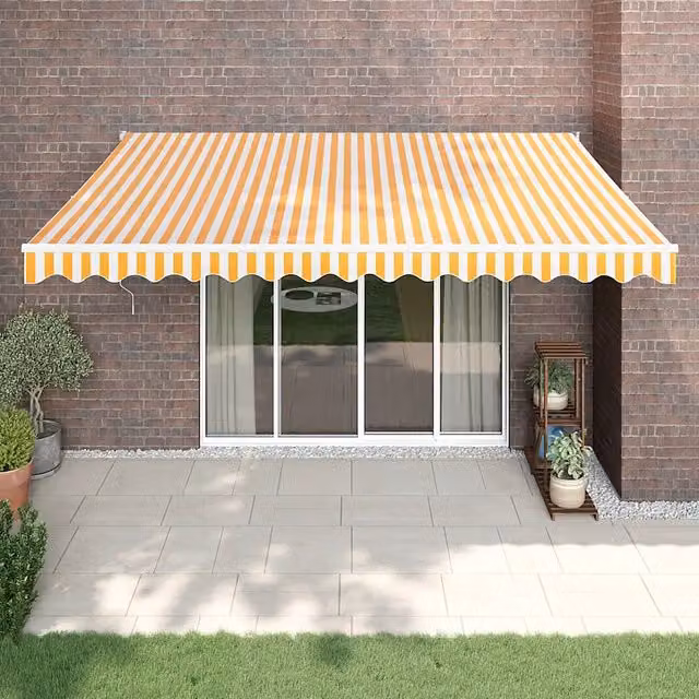 Tenda da sole automatica retrattile vidaxl con bracci pieghevoli in alluminio e tessuto in poliestere, colori giallo e bianco, L: 4 m, P: 3 m – 1