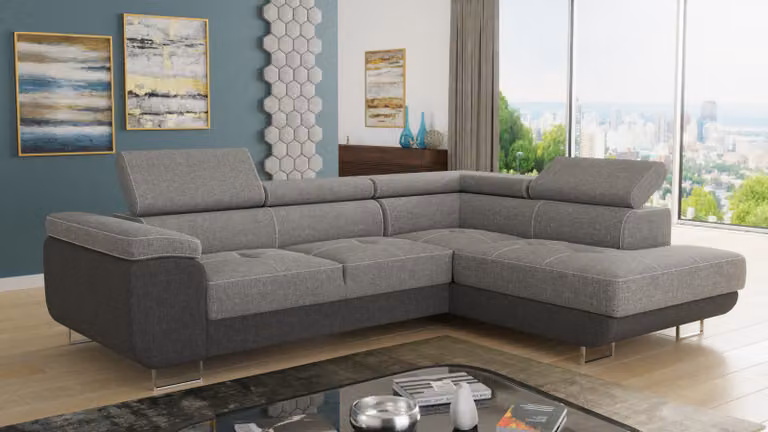 Divano angolare Caris con funzione letto e poggiatesta regolabili, salotto componibile, divano letto, divano letto, divano, divano (grigio scuro + grigio (Sawana 05 + Sawana 21), divano angolare destro)