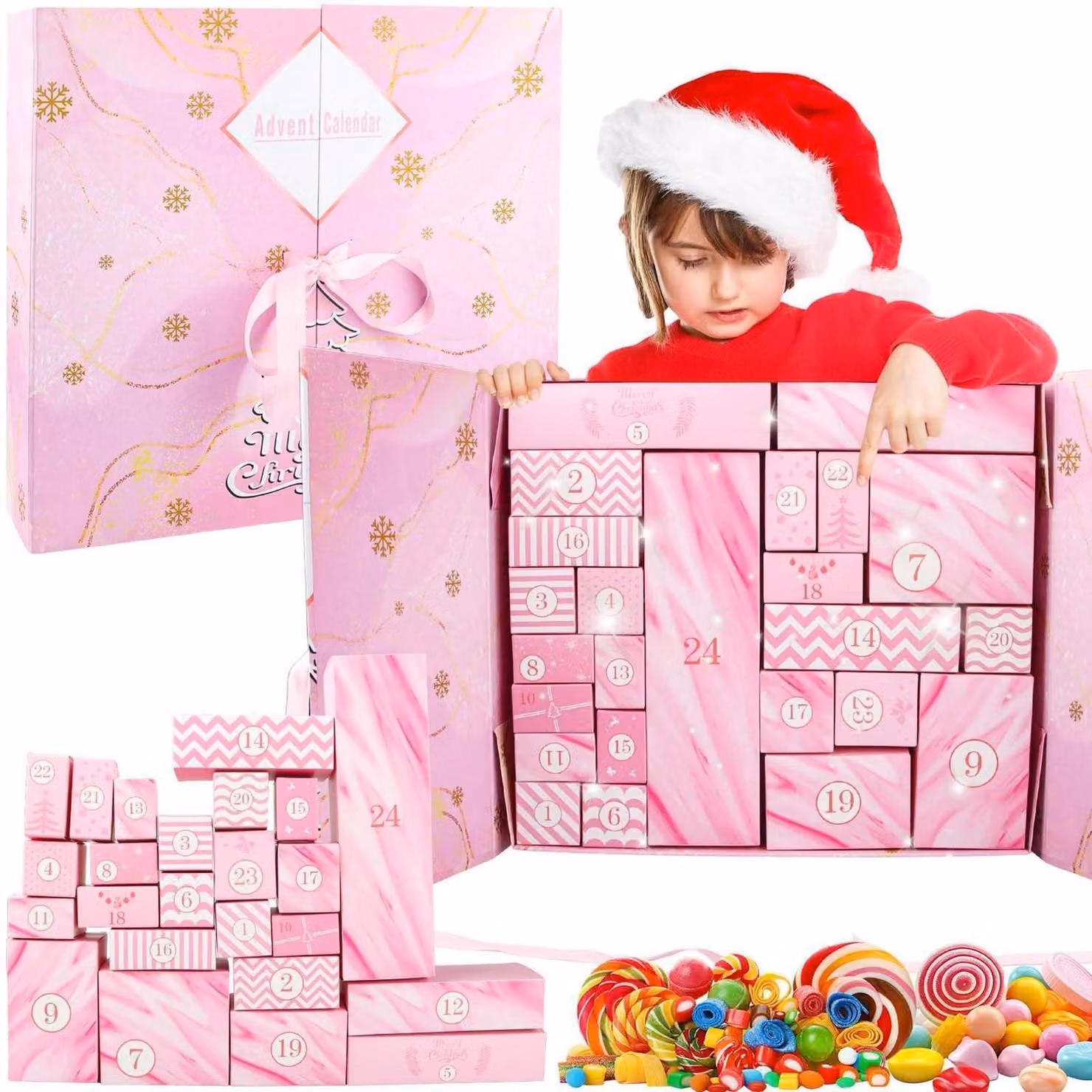 Calendario dell'Avvento da riempire personalmente, 24 scatoline per feste, confezione regalo, kit per attività creative, color rosa chiaro