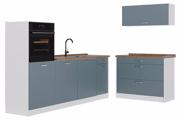 Cucina componibile Vicco R-Line Grigio-blu/Bianco 220 cm senza piano di lavoro, Model 67452