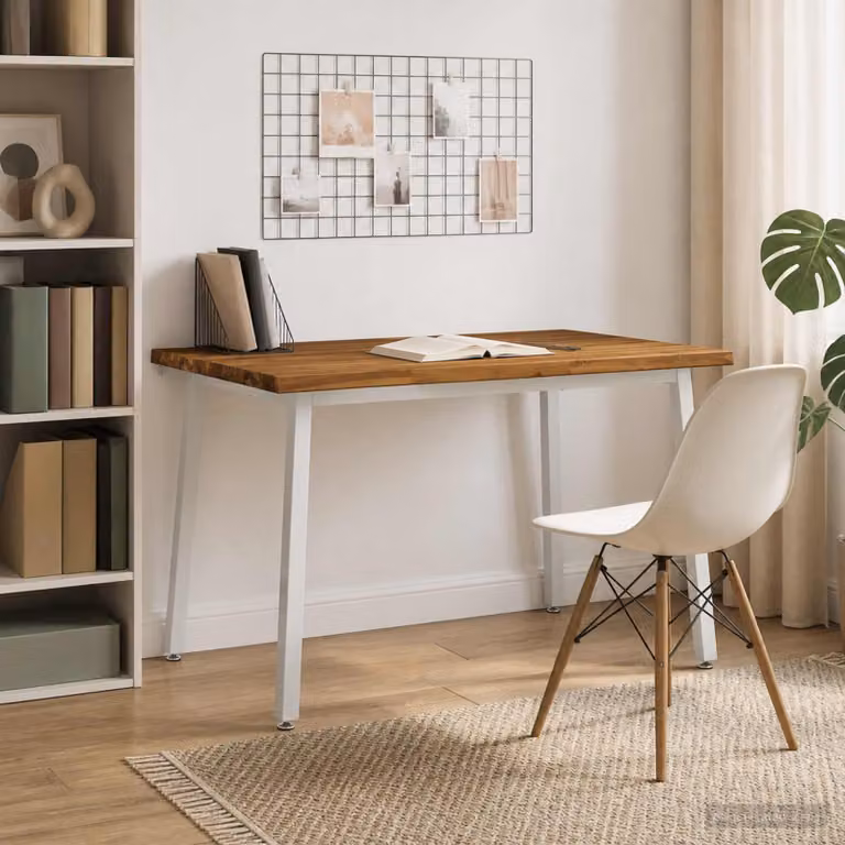 Tavolo da pranzo rettangolare moderno vidaXL in legno di acacia massello e metallo, L/P/H: 90 x 55 x 75 cm, Bianco e Marrone