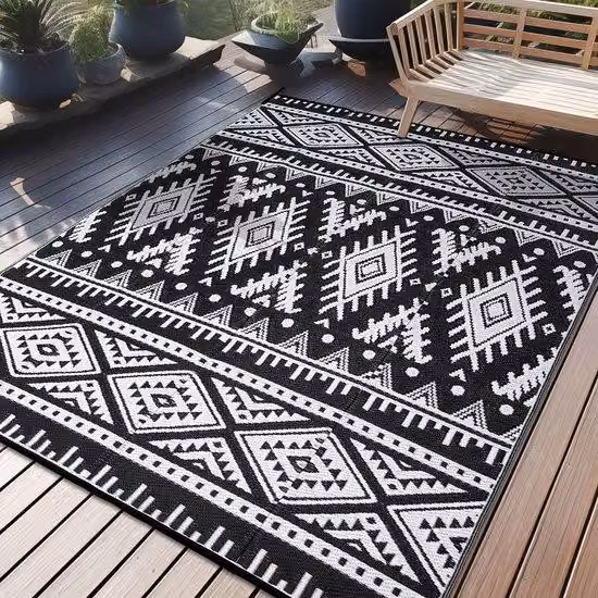 Tappeto da esterno per terrazze Resistente alle intemperie, in plastica effetto paglia, pieghevole, lavabile, resistente ai raggi UV, reversibile, tappeto da balcone, per terrazze, campeggio, picnic (180 x 270 cm, bianco e nero)