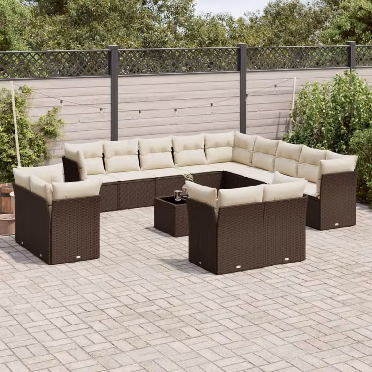 Set Divano da Giardino a Forma di U vidaXL con Tavolino e Cuscini, Struttura in Metallo e Polyrattan Marrone e Bianco