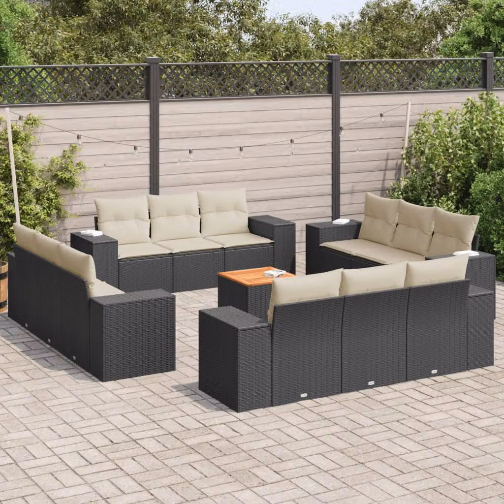 vidaXL Set Divani da Giardino 13pz in Polyrattan con Cuscini e Tavolino, Design Moderno a Forma di U, Nero e Bianco – 1