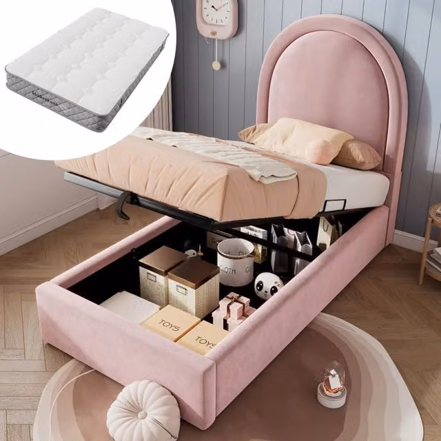 Letto imbottito MODFU in velluto rosa con contenitore e rete a doghe, L/P/H: 206 x 90 x 120 cm