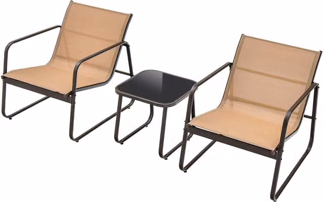 Set da conversazione da esterno 3 pezzi con tavolo in vetro quadrato e sedie in metallo marrone e nero