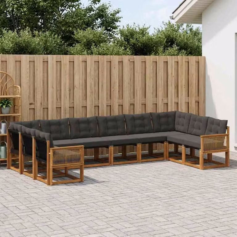 Set di divani da esterno vidaXL a forma di U composto da 10 pezzi in legno di acacia e textilene, colore naturale e nero