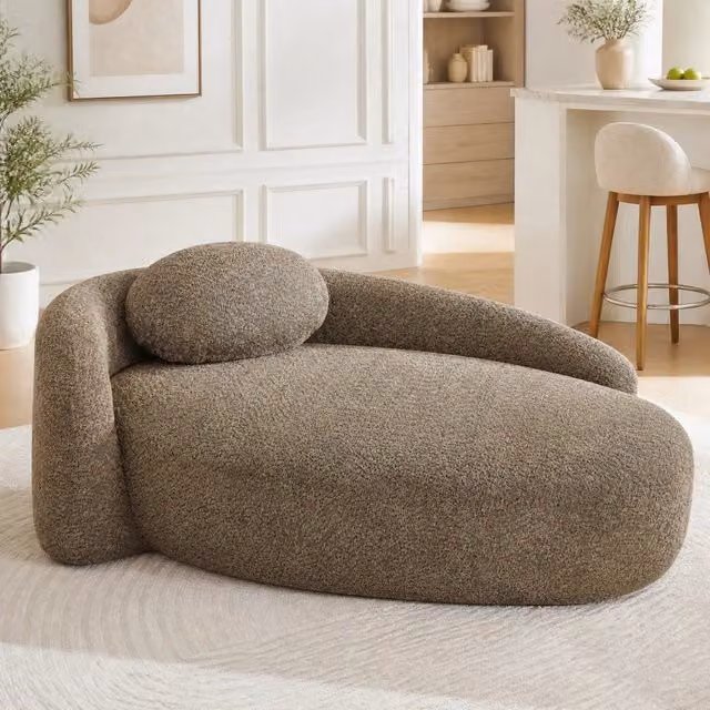 Divano moderno MIVRAY in tessuto bouclé marrone con poggiatesta regolabile e struttura imbottita