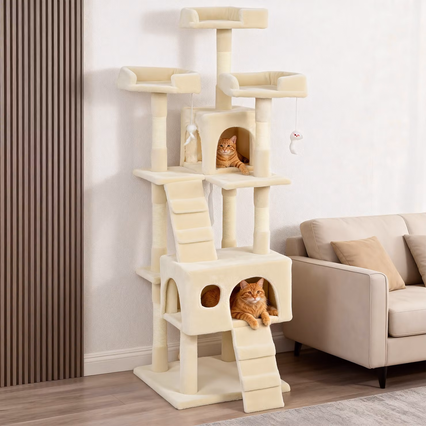 Albero Tiragraffi per Gatti PawHut con 2 Casette, 3 Letti, 2 Rampe e Montanti in Sisal, Altezza: 153 cm, Colore Beige – 2
