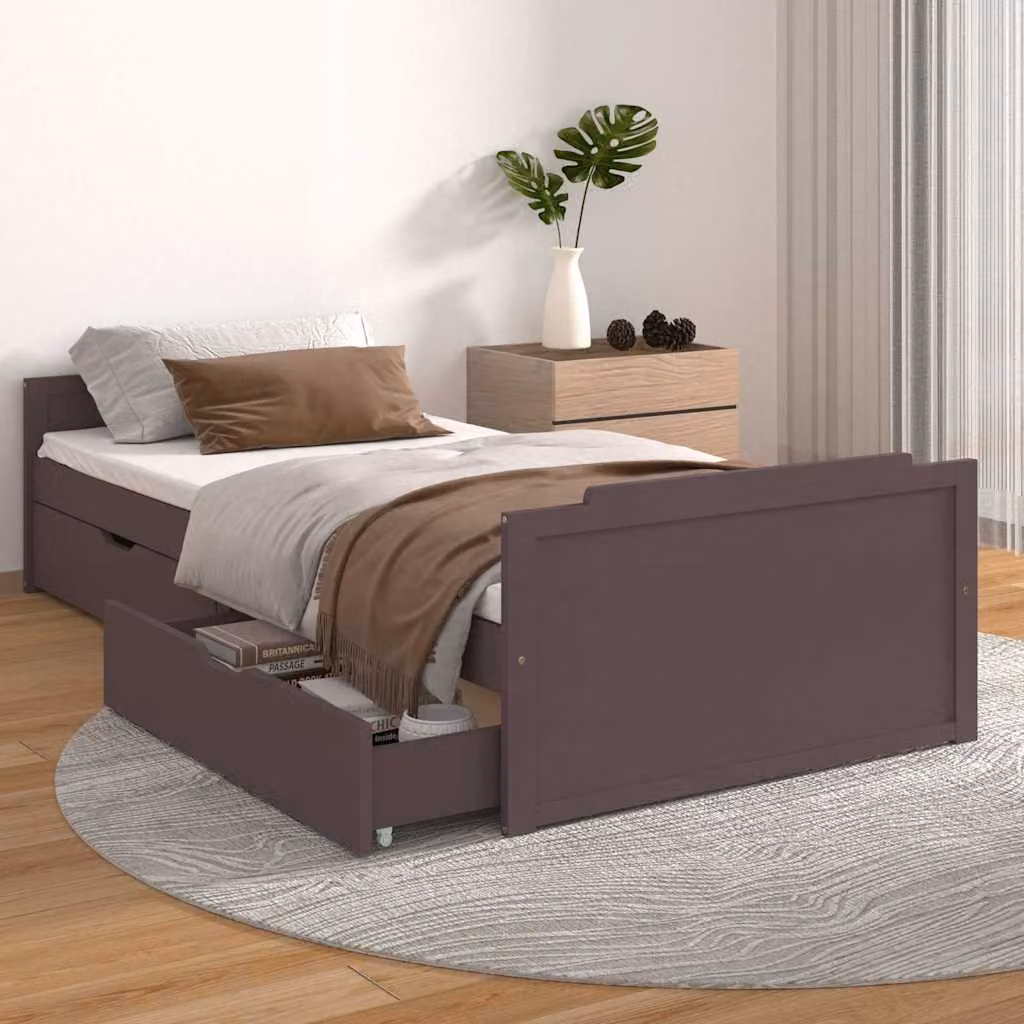 vidaXL Giroletto con Cassetti in Legno Massello di Pino, Marrone Scuro, 90 x 200 cm