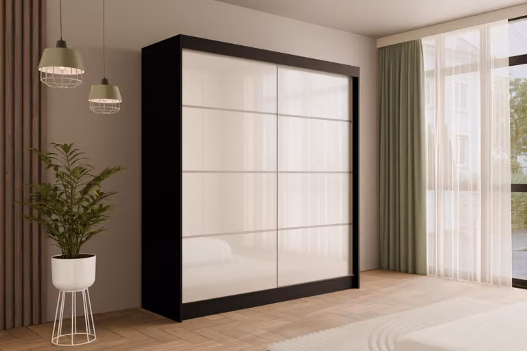 Armadio ALTDECOR con ante scorrevoli Lacobel, guide a sfera e binari in alluminio - PEKA3 - 200 cm Nero / Bianco