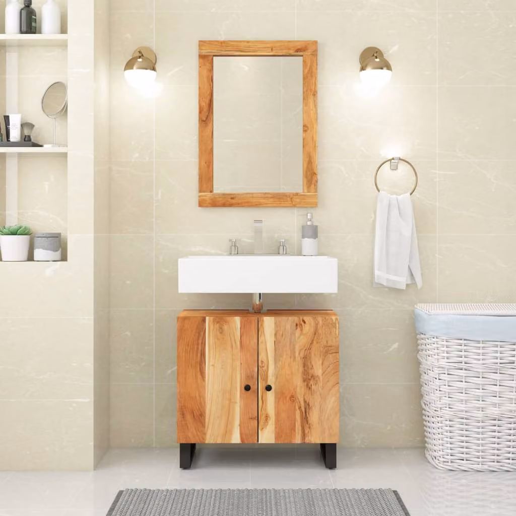 Set di mobili da bagno vidaXL in legno di acacia marrone composto da mobile lavabo e armadietto con specchio