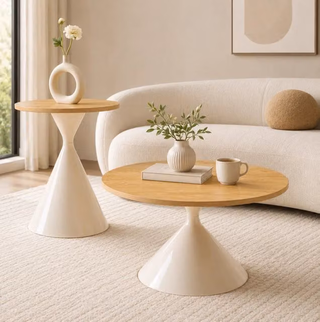 Set di 2 tavolini bassi rotondi Ø70/50 x H40/50 cm; legno e metallo crema; impilabili