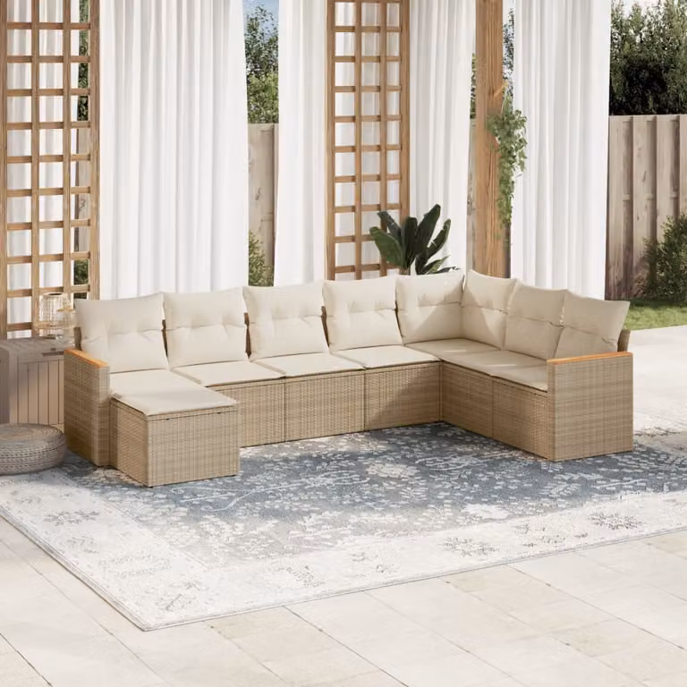 vidaXL Set Divano da Giardino a L 8 pz con Cuscini Beige e Ottoman in Polyrattan e Metallo