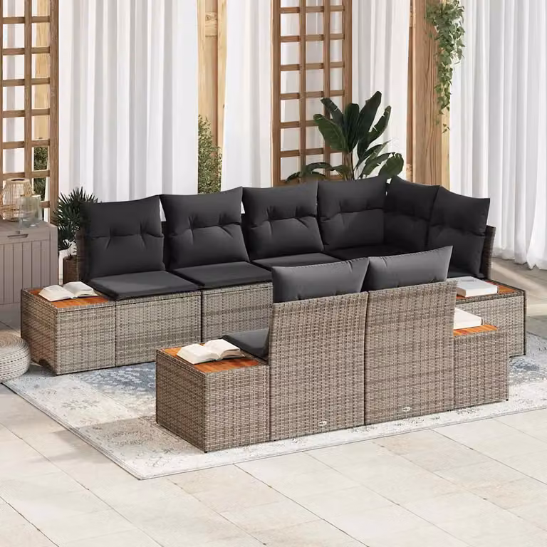 vidaXL Set Divano da Giardino 7 posti in Polyrattan Grigio con Cuscini e Struttura in Acciaio