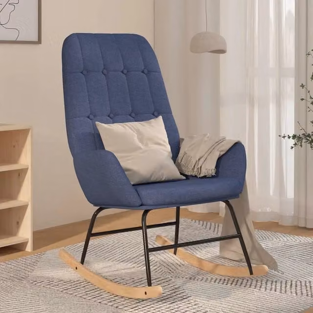 Poltrona a dondolo moderna in tessuto blu con braccioli e struttura in legno e metallo – 1
