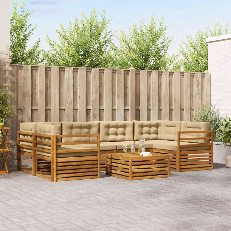 Set di divani da esterno vidaXL 7 pz in legno di acacia con tavolo da caffè, design moderno a L, colore beige e marrone