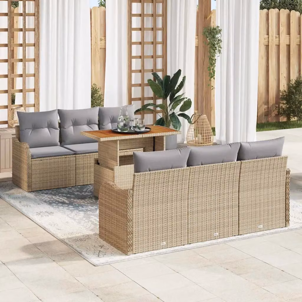 Set Divano da Giardino vidaXL 7 pz in Polyrattan con Cuscini Beige e Grigio Chiaro