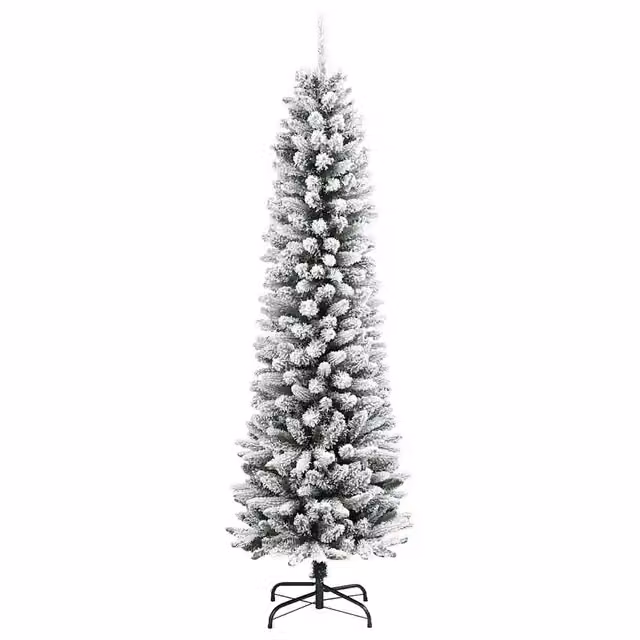 Albero di Natale artificiale sottile con neve floccata in PVC e PE, colore bianco e verde, Altezza: 240 cm