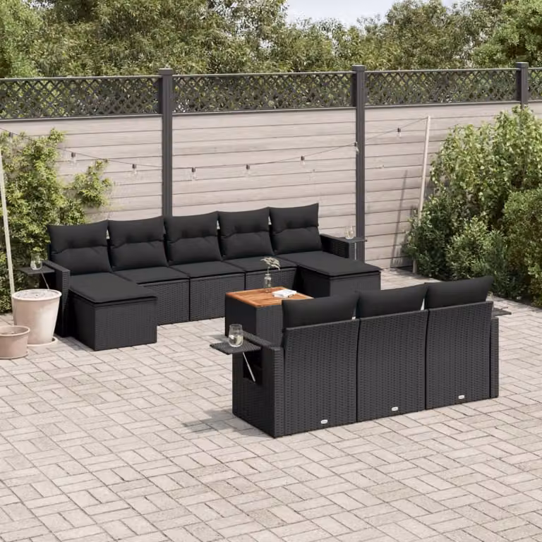 vidaXL Set Divani da Giardino 11 pz in Polyrattan Nero con Cuscini e Tavolino da Esterno