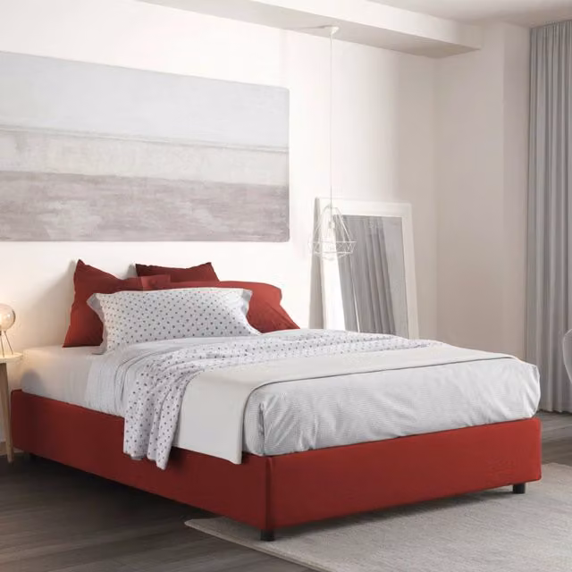 Letto matrimoniale contenitore Alaksir Talamo Italia con materasso incluso, rivestimento in tessuto rosso, L/P/H: 140 x 200 x 155 cm