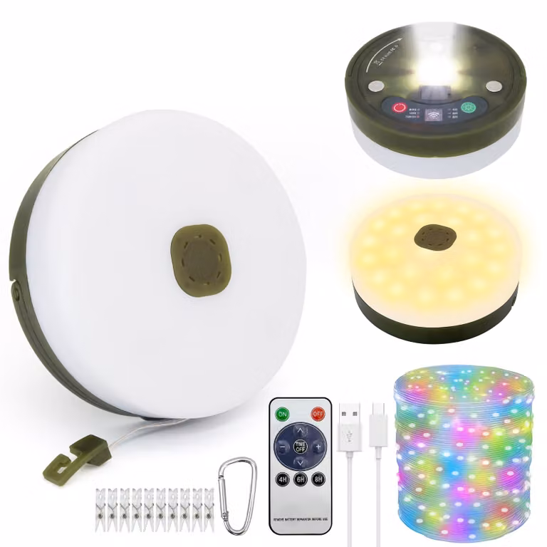 Catena luminosa da campeggio, 10 metri, USB, 1800 mAh, RGB, 9 modalità, grado di protezione IP44