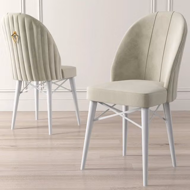 Set di 6 sedie da cucina DMORA in tessuto bianco e beige con struttura in metallo, design moderno
