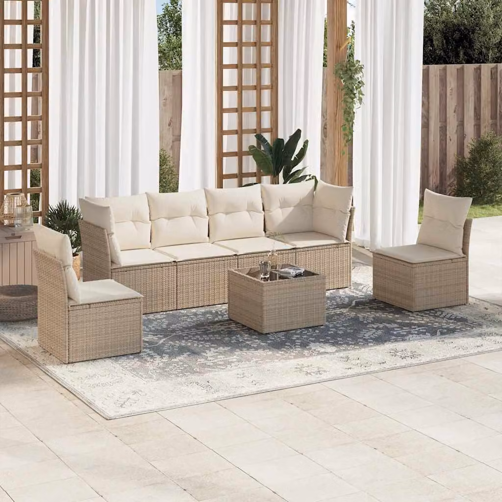 vidaXL Set Divani da Giardino 7 pz in Polyrattan con Cuscini Beige e Tavolino da Esterno – 1