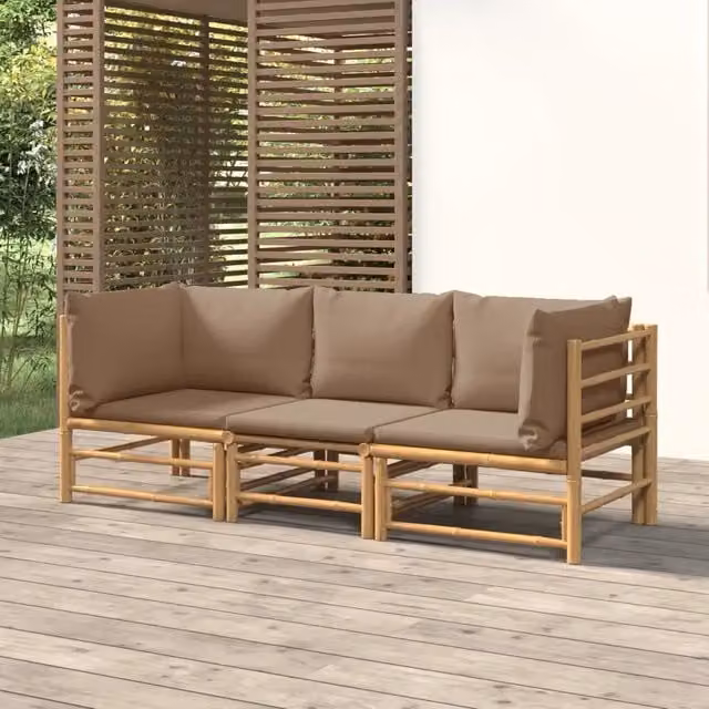 Set Salotto da Giardino Moderno vidaXL in Bambu con Cuscini Beige 3 Pezzi