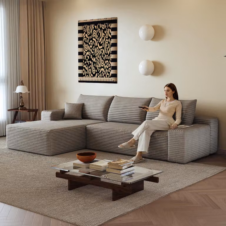 Divano angolare modulare senza braccioli, 270 cm, forma a L, seduta profonda, senza necessità di montaggio, divano compattabile (color cammello)