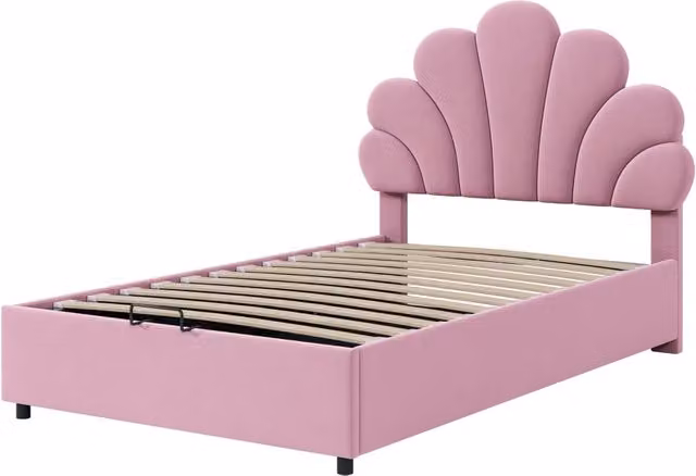 Letto contenitore singolo 90x200 cm in velluto con testiera a fiore regolabile; rosa